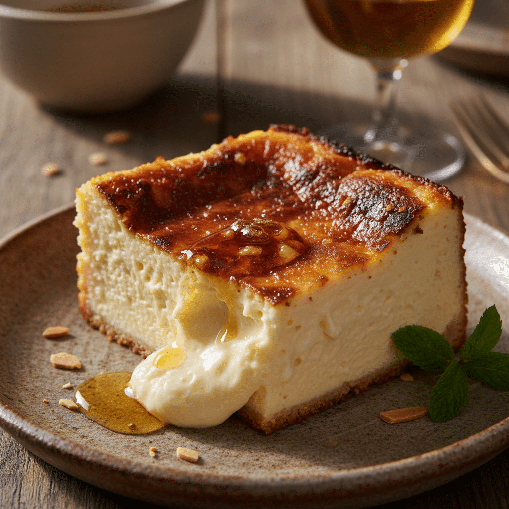 Bester Kanaren-Käsekuchen-Laden eröffnet neue Filiale Ein angeschnittenes, saftiges Stück Käsekuchen mit fluffiger Füllung auf einem Kaffeeteller.