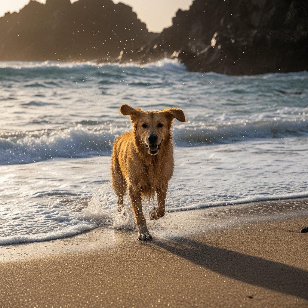 Leishmaniose-Fälle auf den Kanaren: Schutz statt Panik Ein Hund rennt voller Lebensfreude am Sandstrand der Kanaren direkt am blauen Meerwasser entlang.