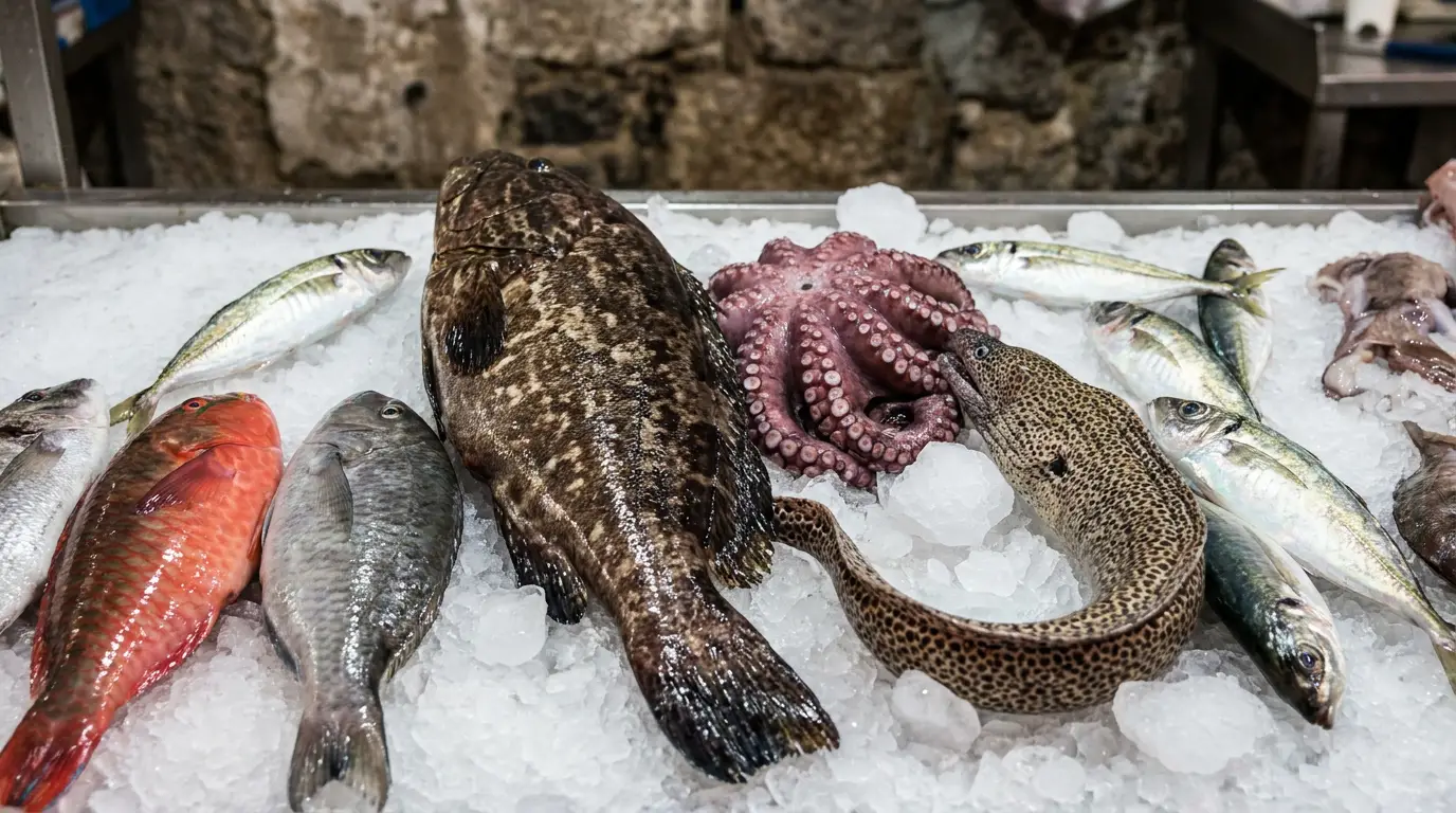 Fischer aus Las Palmas geben Tipps für frischen Fisch Eine reichhaltige Auslage mit verschiedenen fangfrischen kanarischen Fischarten auf Eis an einer Theke.