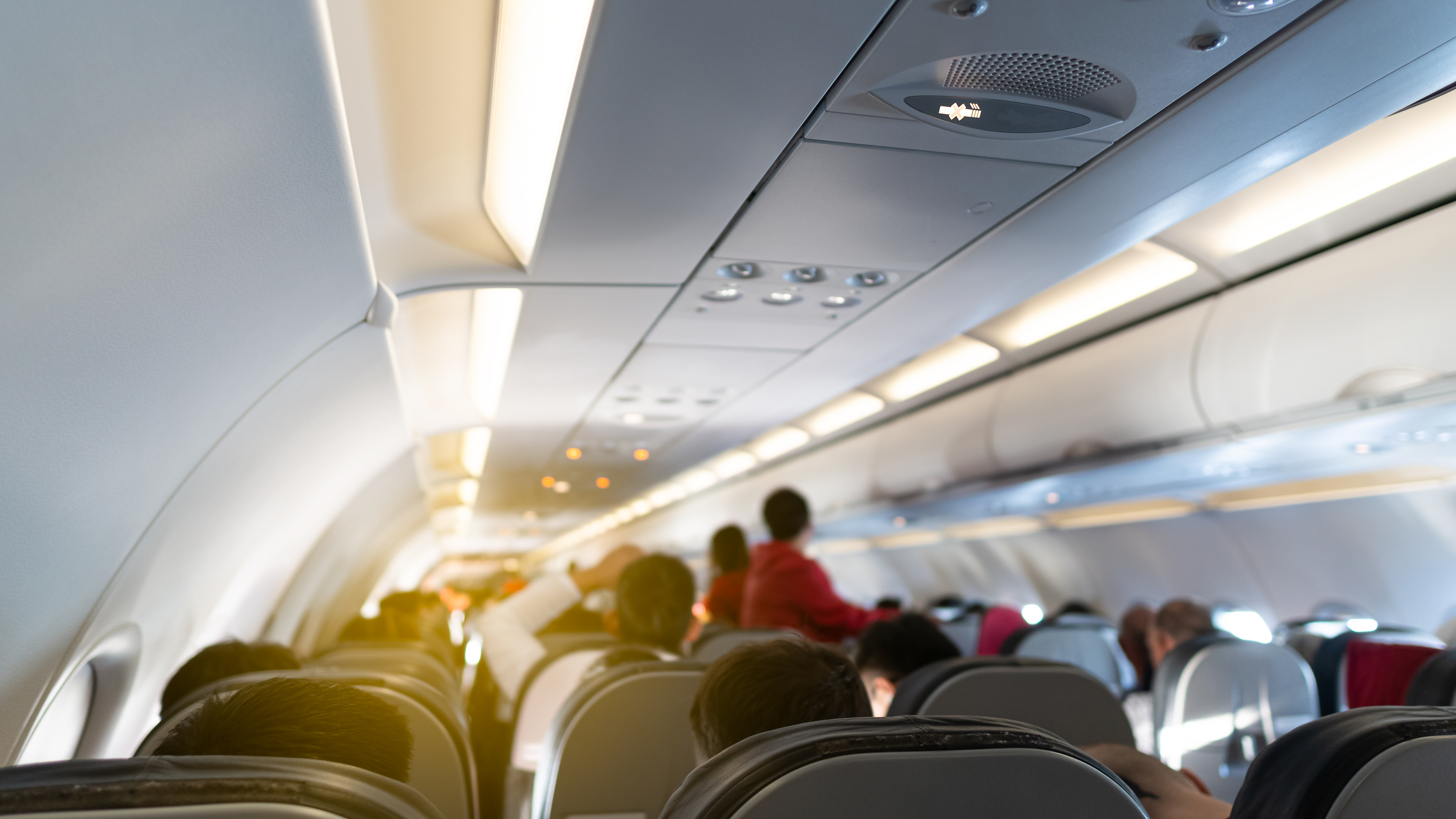 Schlägerei im Kanaren-Flieger von Teneriffa eskaliert Blick durch die Passagierkabine eines vollbesetzten Flugzeugs während des Fluges