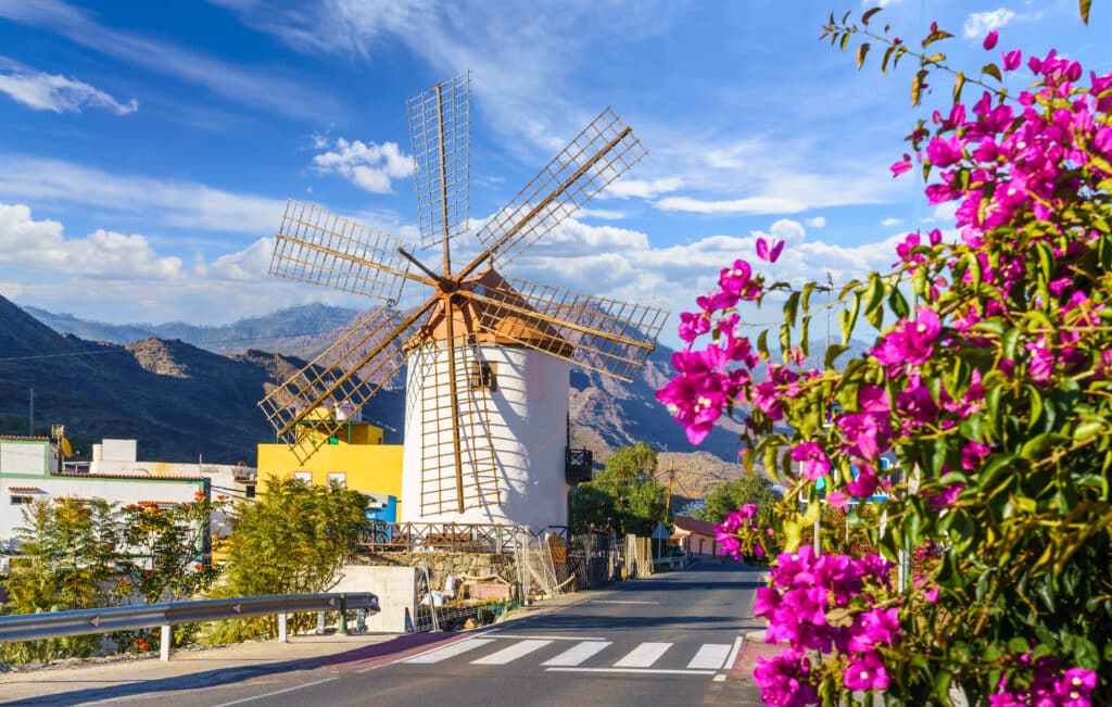 Gran Canaria im Porträt: Goldener Süden, wildes Herz Die traditionelle, weiß getünchte Windmühle von Mogán im Süden von Gran Canaria vor blauem Himmel.