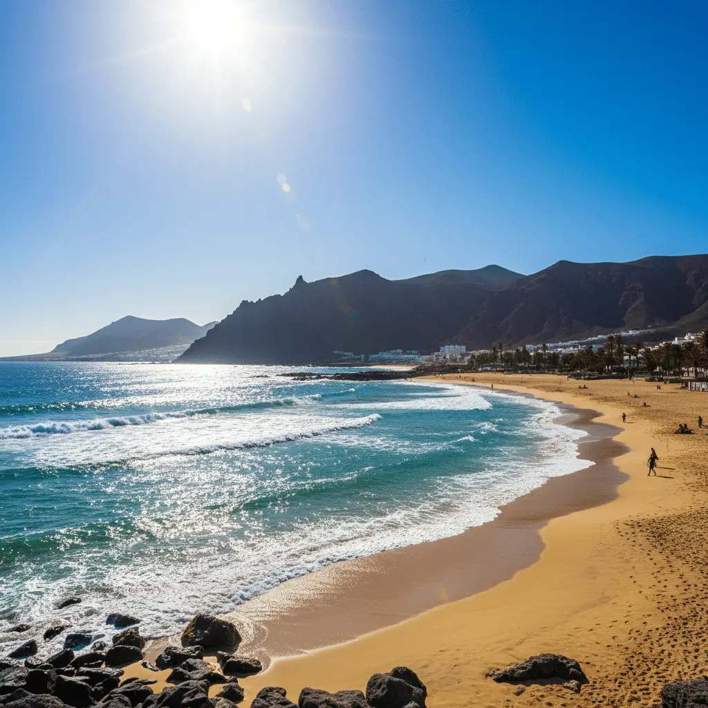 Kanaren heben Wellen-Alarm für Gran Canaria auf Ein ruhiger kanarischer Strand mit Blick auf das blaue Meer und markante Berge im Hintergrund.