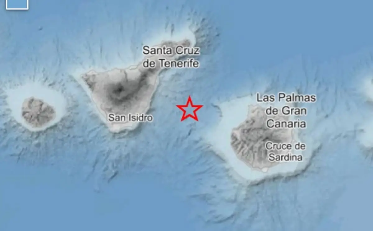 Erdbeben der Stärke 3,1 zwischen Teneriffa und Gran Canaria Eine seismische Karte des Instituts IGN zeigt das Epizentrum des Erdbebens zwischen Teneriffa und Gran Canaria.