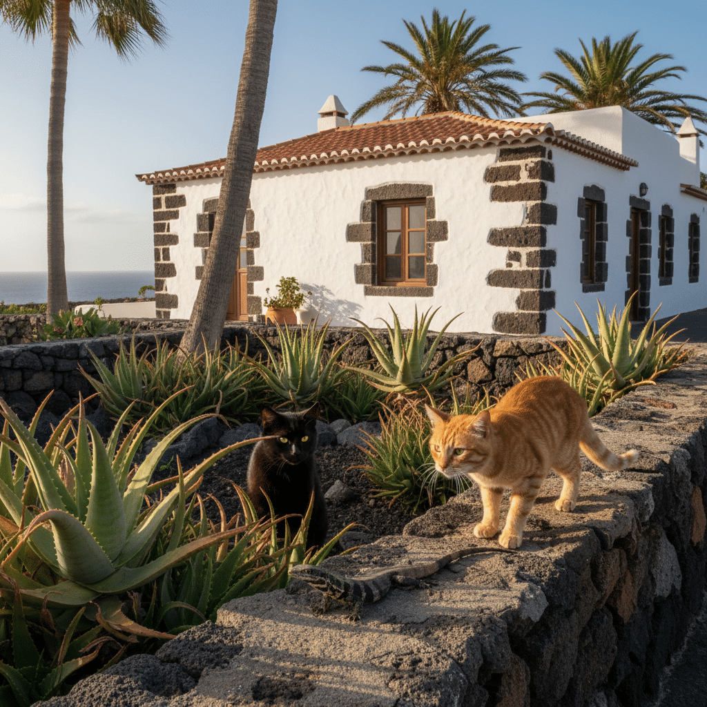 Studie warnt: Katzen gefährden Kanaren-Echsen Katzen auf einer Steinmauer einer traditionellen Finca auf den Kanarischen Inseln im Sonnenschein.