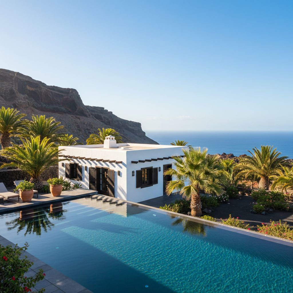 Organisierte Kreditkarten-Mafia auf Lanzarote aufgeflogen Ein modernes Ferienhaus auf Lanzarote mit einer Terrasse und einem blauen Swimmingpool bei sonnigem Wetter.