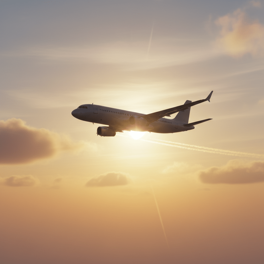 Flugzeug-Crash vor den Kanaren in letzter Sekunde verhindert Ein großes Passagierflugzeug fliegt im warmen Abendlicht eines malerischen Sonnenuntergangs über den Wolken.