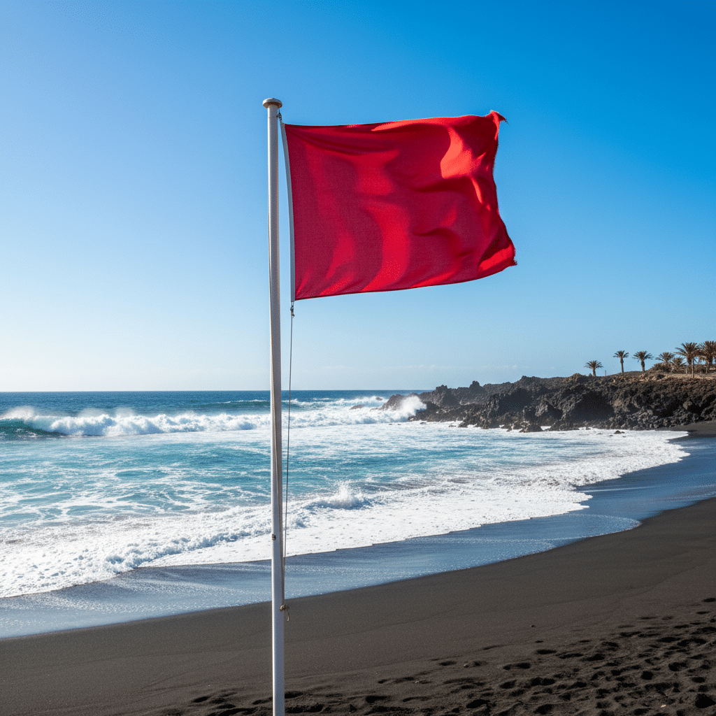 Kanaren melden 734 Todesfälle durch Ertrinken in 10 Jahren Am Sandstrand signalisiert eine rote Flagge trotz des scheinbar ruhigen Meeres mit leichtem Wellengang ein absolutes Badeverbot.