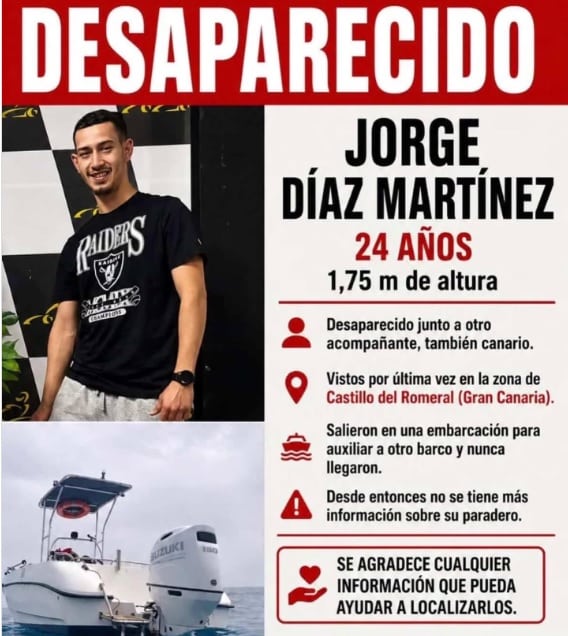 Vermisstenfall auf Gran Canaria: Familie hofft auf Hinweise Ein Suchfoto zeigt den vermissten 24-jährigen Jorge Díaz Martínez neben dem Boot.