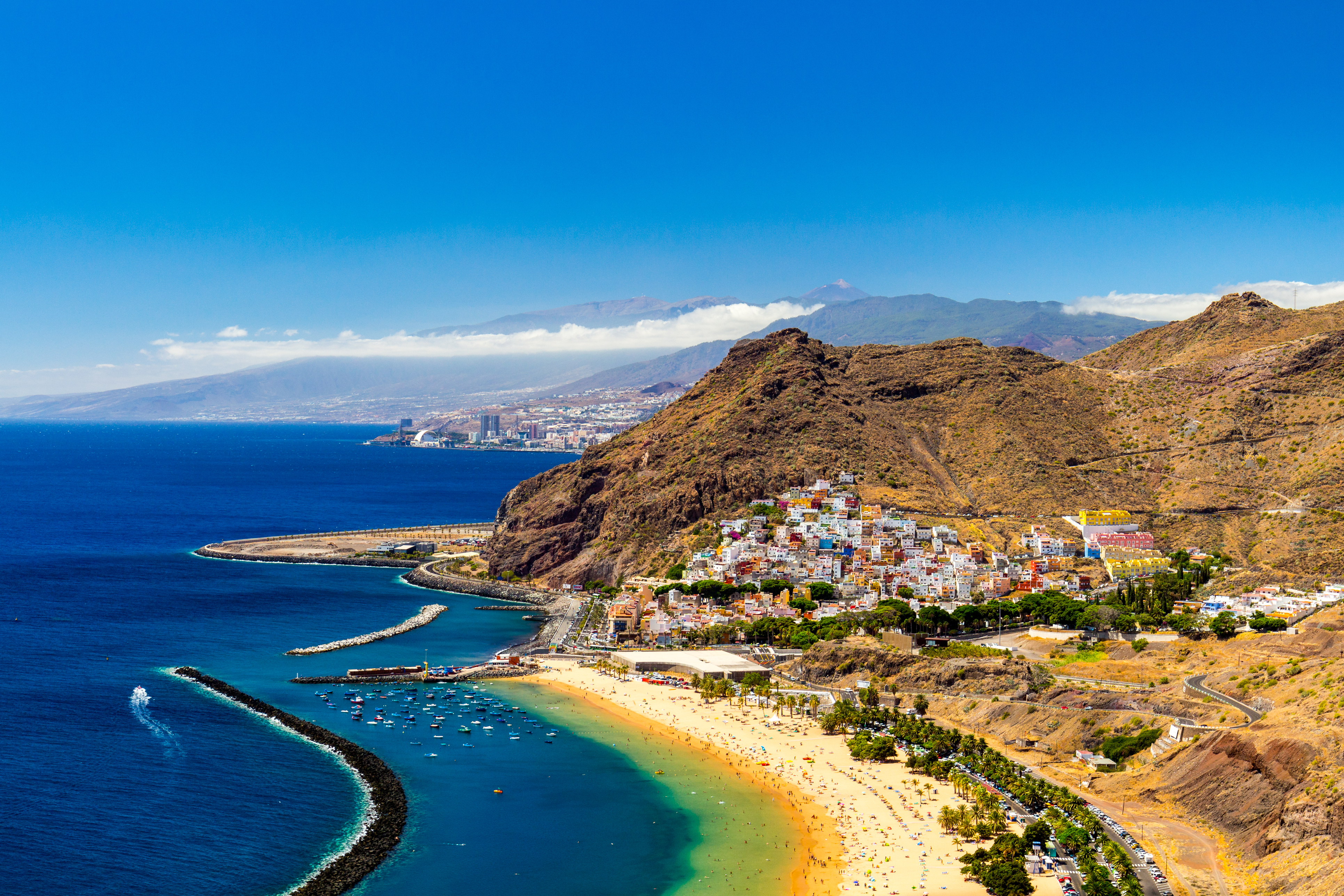 Reisemagazin vergleicht Kanaren-Strand mit Punta Cana Der lange, goldene Sandstrand Playa de Las Teresitas auf Teneriffa ist gesäumt von grünen Palmen unter blauem Himmel.