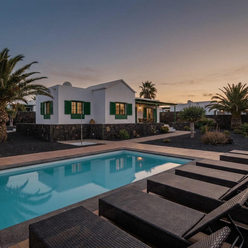 Trendwende bei den Ferienbetten auf Lanzarote Ein heller Bungalow in einer gepflegten Ferienanlage auf Lanzarote mit einem Gemeinschaftspool im Vordergrund.