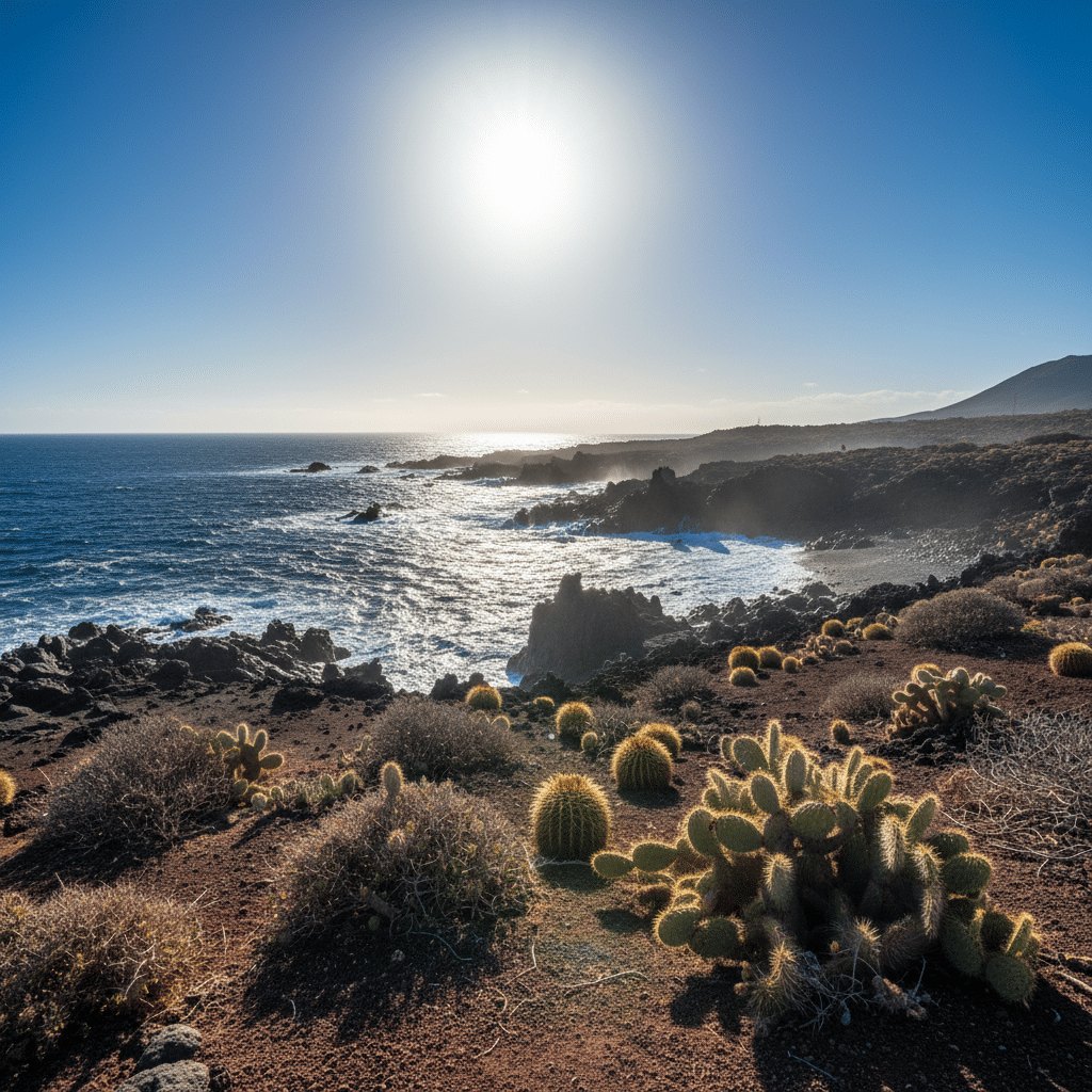 Warnung auf den Kanaren vor extrem hoher UV-Strahlung Eine strahlende Sonne über dem tiefblauen Atlantischen Ozean vor einem makellos blauen Himmel auf den Kanarischen Inseln.