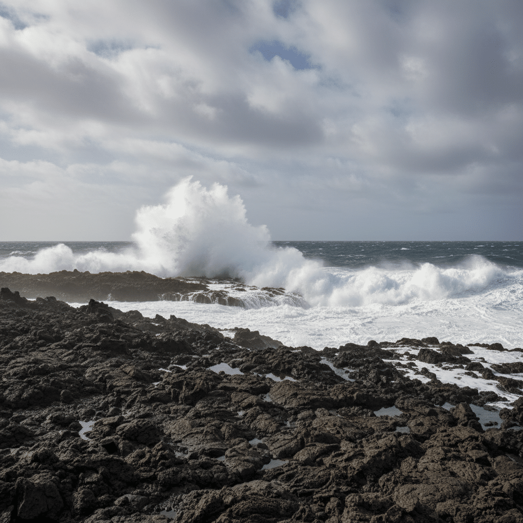 Kanaren erwarten Wetter-Mix mit Sturm und Hitze Starke Wellen brechen an einer felsigen Küste der Kanaren unter strahlend blauem Himmel bei heftigem Wind.