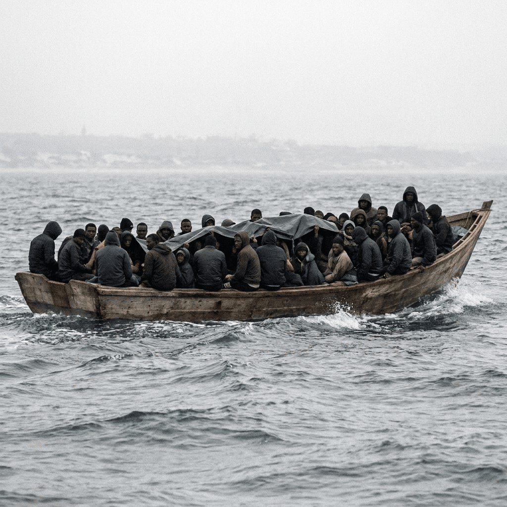 Zahl der Migranten auf den Kanaren bricht um 60 % ein Ein voll besetztes Holzboot (Cayuco) mit Migranten auf dem offenen Atlantik auf dem Weg zu den Kanaren.