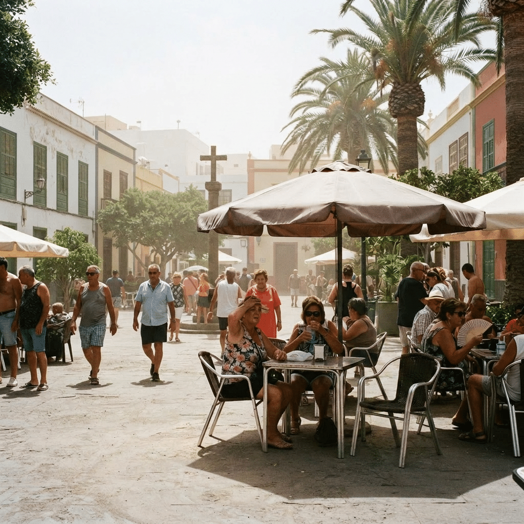 Hitze auf Gran Canaria knackt die 42-Grad-Marke Symbolbild zur aktuellen Hitzewelle auf den Kanaren im August 2026, bei der die Menschen Schutz im Schatten der Straßencafés suchen.