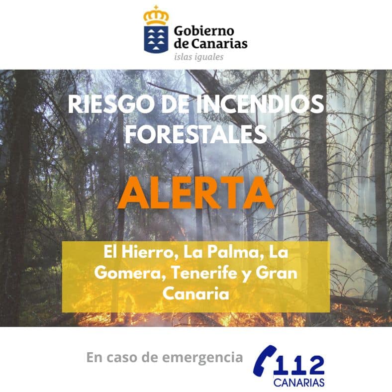 Kanaren lösen Waldbrand-Alarm für 5 Inseln aus Die offizielle Infografik und Warnkarte der kanarischen Regierung zur ausgerufenen Alarmstufe wegen Waldbrandgefahr auf den Inseln.