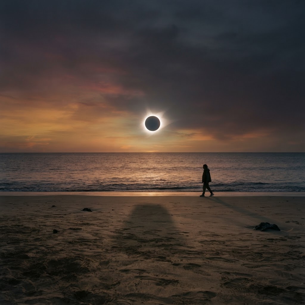 Sonnenfinsternis: Kanaren-Optiker warnen vor Irrtum Eine spektakuläre Sonnenfinsternis über dem Atlantischen Ozean an einem kanarischen Sandstrand.