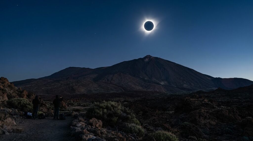 Teide-Zufahrt in der Nacht zur Sonnenfinsternis eingeschränkt Eine Sonnenfinsternis steht als schmale Mondsichel am Himmel über der Vulkanlandschaft des Teide auf Teneriffa.