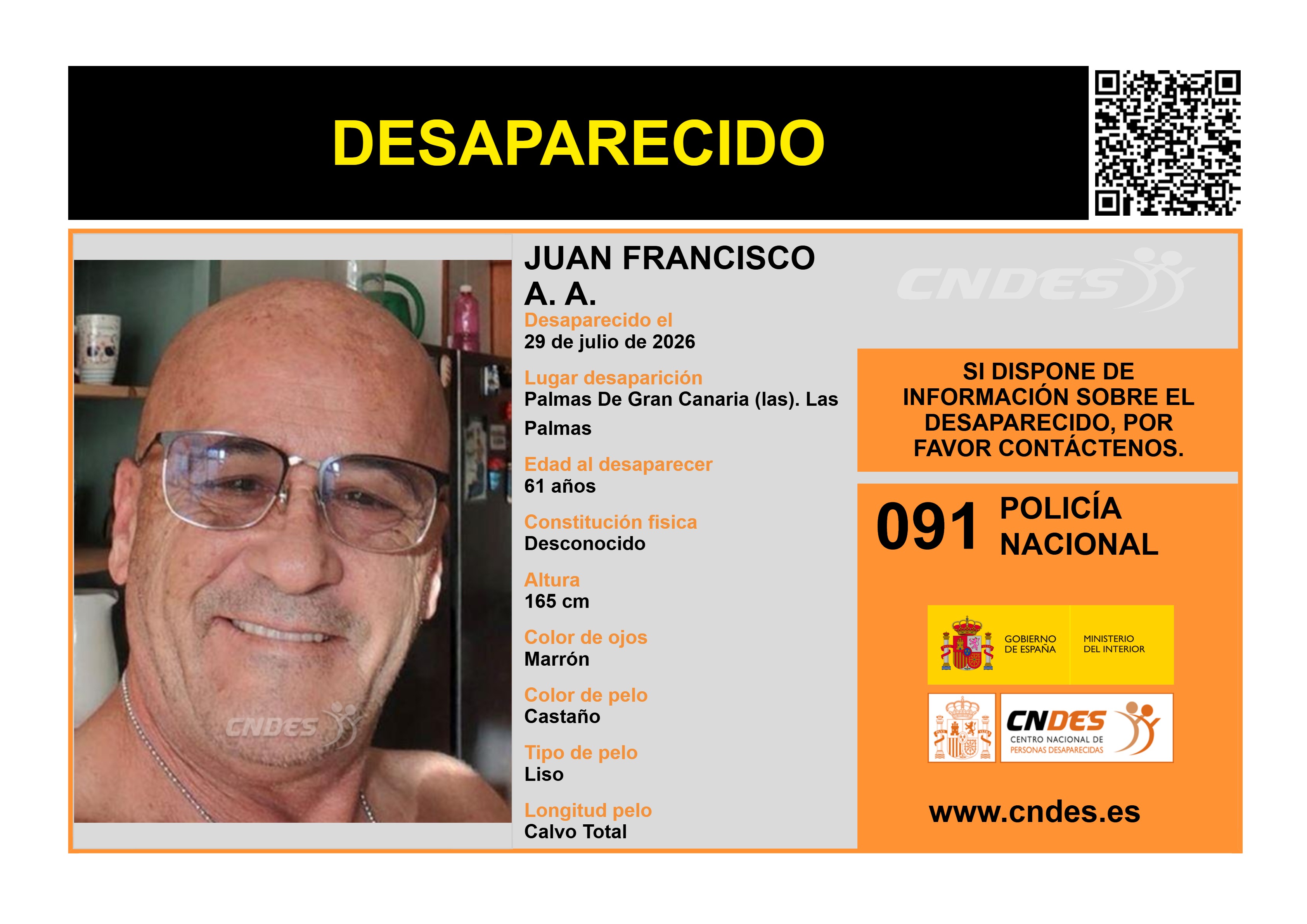 Vermisster 61-Jähriger in Las Palmas wohlbehalten gefunden Das offizielle Suchplakat der Nationalpolizei mit dem Foto des vermissten 61-jährigen Mannes.